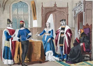 English Costumes From Late Fifteenth Century. From Left, Judge, Gentleman, Lady Of Rank, Courtier, Lady Of Quality English Costumes From Late Fifteenth Century. From Left, Judge, Gentleman, Lady Of Rank, Courtier, Lady Of Quality