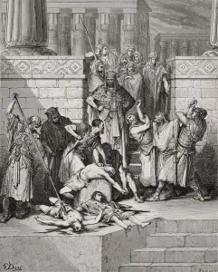 Engraving From The The Dore Bible Illustrating 2 Kings Xxv 7 Slaughter Of The Sons Of Zedekiah Before Their Father By Engraving From The The Dore Bible Illustrating 2 Kings Xxv 7 Slaughter Of The Sons Of Zedekiah Before Their Father By