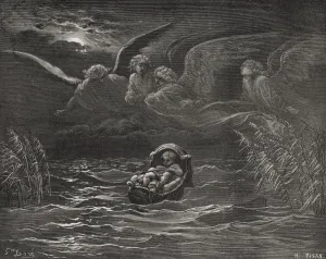 Engraving From The The Dore Bible Illustrating Exodus Ii 1 To 4 The Child Moses On The Nile By Gustave Dore 1832-1883 Engraving From The The Dore Bible Illustrating Exodus Ii 1 To 4 The Child Moses On The Nile By Gustave Dore 1832-1883