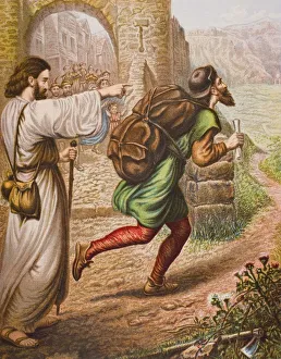 Evangelist Directs Christian On His Way. From The Book The Pilgrim's Progress By John Bunyan Evangelist Directs Christian On His Way. From The Book The Pilgrim's Progress By John Bunyan