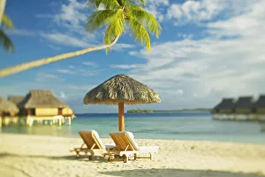 French Polynesia, Tahiti, Bora Bora, Lounge Chairs And Thatch Umbrella On Beach With French Polynesia, Tahiti, Bora Bora, Lounge Chairs And Thatch Umbrella On Beach With