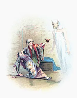 The genie appears from Aladdin's magic lamp. After an illustration by Francis Brundage in an 1898 edition of The The genie appears from Aladdin's magic lamp. After an illustration by Francis Brundage in an 1898 edition of The