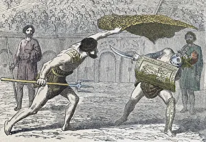 Gladiatorial combat between a Retiarius, or net man, on the left and a Samnite Gladiatorial combat between a Retiarius, or net man, on the left and a Samnite