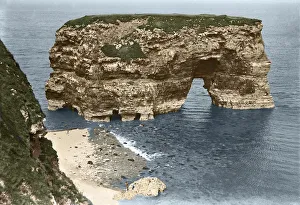 Glass negative circa 1900, Victorian era. Marsden rock sea stack in Marsden Bay showing remains of steps to top Glass negative circa 1900, Victorian era. Marsden rock sea stack in Marsden Bay showing remains of steps to top