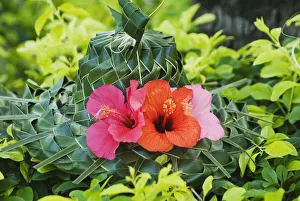 Green Lauhala Hat With Red And Pink Hibiscus Flowers Green Lauhala Hat With Red And Pink Hibiscus Flowers