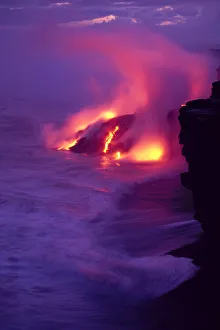 Hawaii, Big Island, Volcano Lava Meets The Sea, Steam Rising, Twilight A28E Hawaii, Big Island, Volcano Lava Meets The Sea, Steam Rising, Twilight A28E