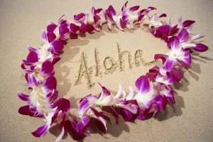Hawaii, Close-Up Detail Of Purple Orchid Lei On Beach Aloha Written In Sand C1445 Hawaii, Close-Up Detail Of Purple Orchid Lei On Beach Aloha Written In Sand C1445