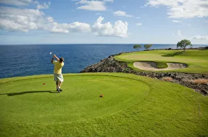 Hawaii, Lanai, Man Playing Golf At The Challenge At Manele Golf Course Hawaii, Lanai, Man Playing Golf At The Challenge At Manele Golf Course