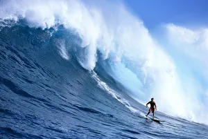 Hawaii, Maui, Jaws, Sierra Emory Looks At Camera, In Front Of Large Wave Hawaii, Maui, Jaws, Sierra Emory Looks At Camera, In Front Of Large Wave