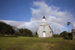 Hawaii, Maui, Kaupo, A rainbow forms over St. Josephs Church Hawaii, Maui, Kaupo, A rainbow forms over St. Josephs Church