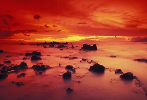 Hawaii, Maui, Lava Rock Beach At Sunset With Dramatic Red Yellow Sky And Shore Hawaii, Maui, Lava Rock Beach At Sunset With Dramatic Red Yellow Sky And Shore