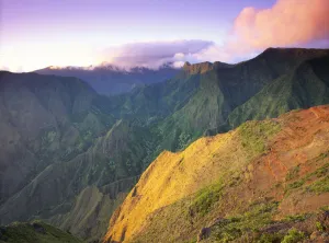 Hawaii, Maui, Ukumehame Gulch And West Maui Mountains At Sunset, Orange Cloud, With Hawaii, Maui, Ukumehame Gulch And West Maui Mountains At Sunset, Orange Cloud, With