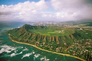 Hawaii, Oahu, Aerial Of Diamond Head Crater With Coastline View, Kahala Homes Foreground Hawaii, Oahu, Aerial Of Diamond Head Crater With Coastline View, Kahala Homes Foreground