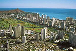 Hawaii, Oahu, Aerial View Of Diamond Head, Waikiki And Golf Course Near Ocean Hawaii, Oahu, Aerial View Of Diamond Head, Waikiki And Golf Course Near Ocean