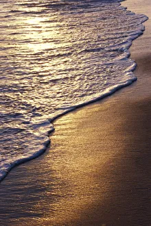 Hawaii, Oahu, Golden Sunset Reflections On Ocean Shoreline And Sand, Foamy Detail Hawaii, Oahu, Golden Sunset Reflections On Ocean Shoreline And Sand, Foamy Detail
