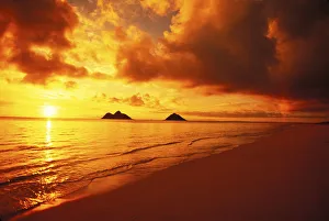Hawaii, Oahu, Lanikai Beach At Sunrise Orange Sky With Reflections, Mokulua Islands Hawaii, Oahu, Lanikai Beach At Sunrise Orange Sky With Reflections, Mokulua Islands