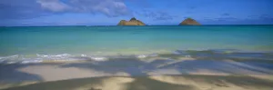 Hawaii, Oahu, Lanikai, Shoreline With Palm Shadows, Calm Turquoise Ocean Mokulua Islands Hawaii, Oahu, Lanikai, Shoreline With Palm Shadows, Calm Turquoise Ocean Mokulua Islands