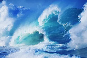 Hawaii, Oahu, North Shore; Several Green Waves Crashing In Layers White Wash Hawaii, Oahu, North Shore; Several Green Waves Crashing In Layers White Wash