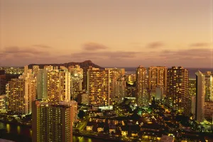 Hawaii, Oahu, Waikiki, Skyline At Twilight, Pink Clouds And Golden Hues, Diamond Hawaii, Oahu, Waikiki, Skyline At Twilight, Pink Clouds And Golden Hues, Diamond