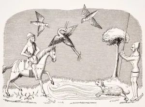 Heron Hawking. 19Th Century Reproduction Of Miniature In 14Th Century Manuscript Of Livre Du Roy Modus Heron Hawking. 19Th Century Reproduction Of Miniature In 14Th Century Manuscript Of Livre Du Roy Modus