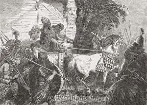 Historic illustration of the Assyrian army on the march. After an illustration by Herman Vogel in Illustrierte Historic illustration of the Assyrian army on the march. After an illustration by Herman Vogel in Illustrierte