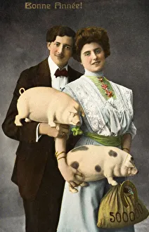 Historic Illustration Of Couple Holding Pigs And Bag Of Money With Text 'bonne Annee!'from 19th Century Historic Illustration Of Couple Holding Pigs And Bag Of Money With Text 'bonne Annee!'from 19th Century