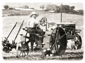 Historic Illustration Of Farmer Riding A Wallis Tractor From Early 20th Century Historic Illustration Of Farmer Riding A Wallis Tractor From Early 20th Century
