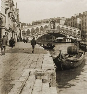 Historic image in sepia of Rialto Bridge over the Grand Canal, Venice, Italy circa 1892; Venice, Italy Historic image in sepia of Rialto Bridge over the Grand Canal, Venice, Italy circa 1892; Venice, Italy