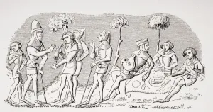 Hunting Meal. 19Th Century Reproduction Of Miniature In Manuscript Of Livre Du Roy Modus Hunting Meal. 19Th Century Reproduction Of Miniature In Manuscript Of Livre Du Roy Modus