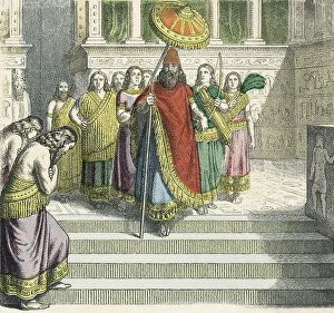 Illustration of an Assyrian king and his retinue descending the steps of his palace in Nineveh Illustration of an Assyrian king and his retinue descending the steps of his palace in Nineveh