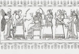 Illustration of an Assyrian king seated on his throne attended by eunuchs and winged figures; Illustration Illustration of an Assyrian king seated on his throne attended by eunuchs and winged figures; Illustration
