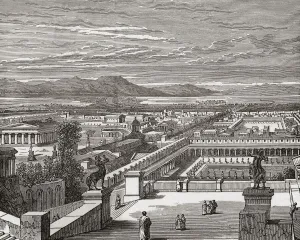 Imaginary reconstruction of ancient Corinth. After a 19th century illustration by an unknown artist; Illustration Imaginary reconstruction of ancient Corinth. After a 19th century illustration by an unknown artist; Illustration