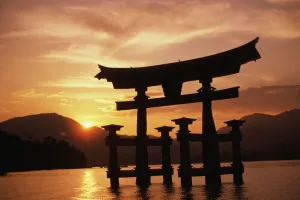 Japan, Kyushu, Miyajima Torii Gate In Water, Itsukushima Shrine, Peaceful Sunrise Japan, Kyushu, Miyajima Torii Gate In Water, Itsukushima Shrine, Peaceful Sunrise