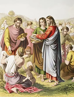 Jesus Feeding The Multitude. The Miracle Of Loaves And Fishes. From The Holy Bible Published By William Collins, Sons Jesus Feeding The Multitude. The Miracle Of Loaves And Fishes. From The Holy Bible Published By William Collins, Sons