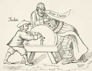 King Charles I Of England On The Grindstone Of Scottish Presbyterian Intolerance. A Cartoon From 1651 King Charles I Of England On The Grindstone Of Scottish Presbyterian Intolerance. A Cartoon From 1651