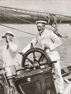The Story Of 25 Eventful Years In Pictures Published in 1935 Collection: King George V At The Wheel Of His Yacht, Britannia, During Cowes Regatta Week, England, 1924