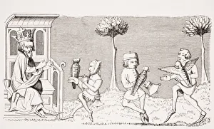 King Modus Teaching The Art Of Falconry. 19Th Century Reproduction Of Miniature In 14Th Century Manuscript Livre Du Roy King Modus Teaching The Art Of Falconry. 19Th Century Reproduction Of Miniature In 14Th Century Manuscript Livre Du Roy