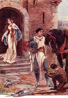 Lancelot And Elaine. Coloured Illustration From The Book The Gateway To Tennyson Published 1910 Lancelot And Elaine. Coloured Illustration From The Book The Gateway To Tennyson Published 1910