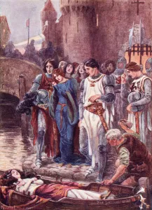 Lancelot Looks At The Dead Lady Of Shalott On Her Arrival At Camelot. Coloured Illustration From The Book The Gateway Lancelot Looks At The Dead Lady Of Shalott On Her Arrival At Camelot. Coloured Illustration From The Book The Gateway