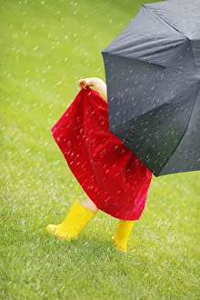 A Little Girl Walking In The Rain While Holding An Umbrella A Little Girl Walking In The Rain While Holding An Umbrella