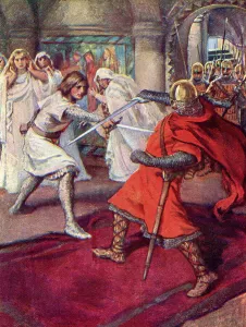 Lohengrin slays Count Frederick. From Knights of the Grail: Lohengrin, Galahad published 1909 Lohengrin slays Count Frederick. From Knights of the Grail: Lohengrin, Galahad published 1909