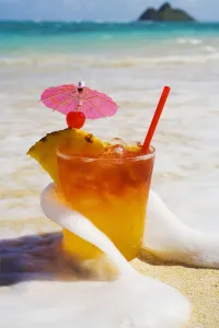 Mai Tai Getting Splashed By A Wave As It Rest On The Beach Mai Tai Getting Splashed By A Wave As It Rest On The Beach