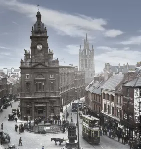 Market place and town hall in Newcastle upon tyne around 1920 Market place and town hall in Newcastle upon tyne around 1920