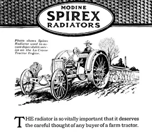 Modine Spirex Radiator Advertisement With Illustration Of Farmer On Tractor From Early 20th Century Modine Spirex Radiator Advertisement With Illustration Of Farmer On Tractor From Early 20th Century