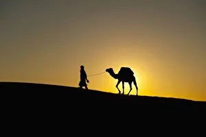 Morocco, Silhouette of Berber Blue man leading camel across sand dunes at dusk in Erg Chebbi area Morocco, Silhouette of Berber Blue man leading camel across sand dunes at dusk in Erg Chebbi area