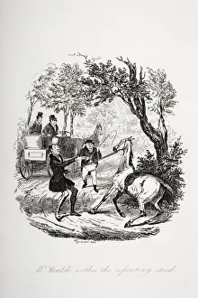 Mr. Winkle Soothes The Refractory Steed. Illustration From The Charles Dickens Novel The Pickwick Papers By Robert Mr. Winkle Soothes The Refractory Steed. Illustration From The Charles Dickens Novel The Pickwick Papers By Robert