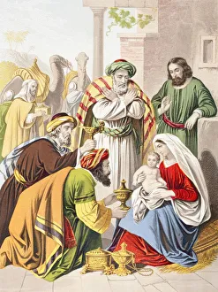 Nativity Scene. The Three Wise Men With The Holy Family. One Presents A Gift To The Infant Jesus Nativity Scene. The Three Wise Men With The Holy Family. One Presents A Gift To The Infant Jesus