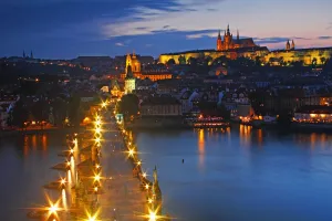 Night Lights Of Charles Bridge Or Karluv Most And Royal Palace On Castle Hill; Prague Czech Republic Night Lights Of Charles Bridge Or Karluv Most And Royal Palace On Castle Hill; Prague Czech Republic