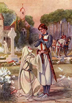 A Nun Binds The Waist Of Sir Galahad With A Belt Made Of Her Hair And A Device Representing The Holy Grail In Crimson A Nun Binds The Waist Of Sir Galahad With A Belt Made Of Her Hair And A Device Representing The Holy Grail In Crimson