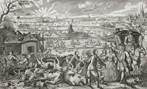 An outbreak of rinderpest in Holland in 1745: farmers and a landlord in discussion in front of a pile of dead cattle An outbreak of rinderpest in Holland in 1745: farmers and a landlord in discussion in front of a pile of dead cattle